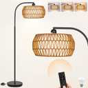 Boho Farmhouse Standing Lamp with Rattan & Linen Shades, Stepless Dimmable Bulb, Black Metal Base for Living Room, Bedroom, Office