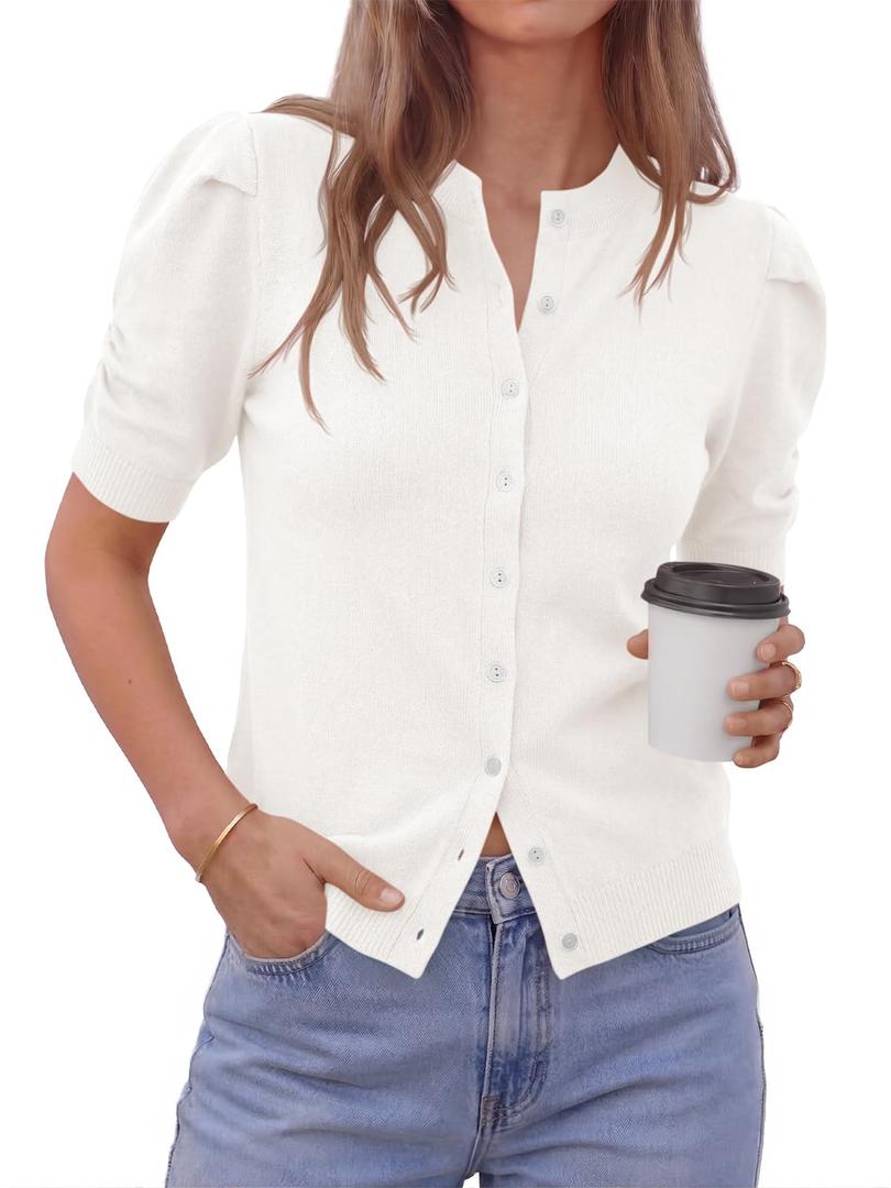 Saodimallsu Womens Puff Short Sleeve Cardigan Sweater Lightweight Knit Spring Summer Crew Neck Button Down Tops White (White, L)