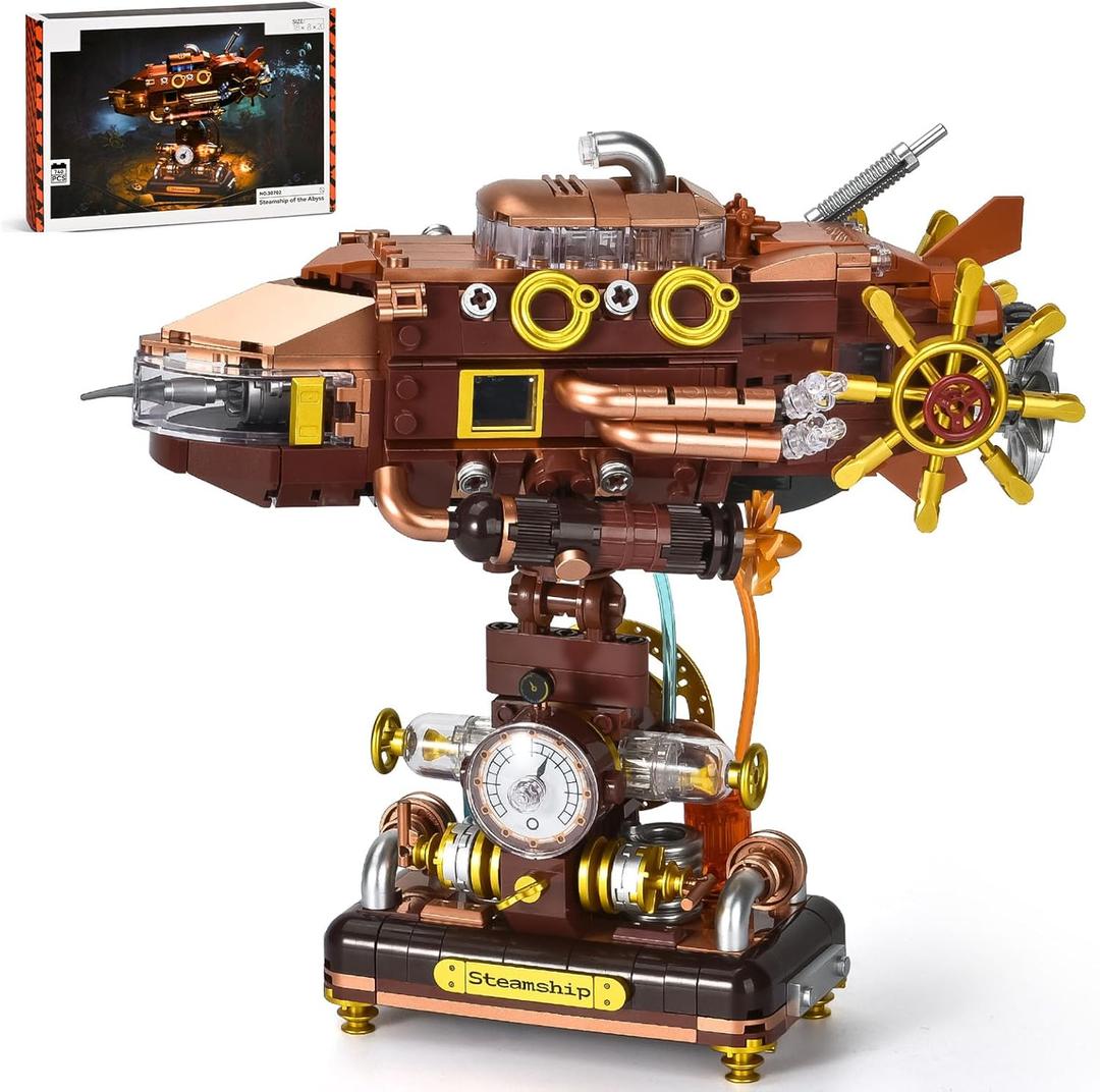 BNG Deep-Sea Submarine Building Set for Adults,Ocean Retro Submarine Building Toy with Lights,Home Office Decor Mechanical Building Blocks Model,Gift for Men Kids and Boys 8-14 (740pcs)