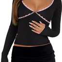 REORIA Sexy Lace Long Sleeve Shirts for Women V Neck Slim Fitted Y2K Trendy Fall Going Out Tops Clothing (Small, Black)