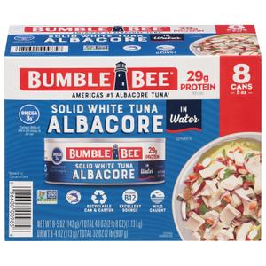 Bumble Bee Solid White Albacore Tuna in Water, 5 oz Can (Pack of 8) - Wild Caught Tuna - 29g Protein per Serving, High in Omega-3s - Non-GMO Project Verified, Gluten Free, Kosher (EXP 03/10/29)