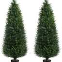 2pcs Chillchard Two 5ft Artificial Plants Topairy Faux Cedar Trees for Outdoor Planters, 60IN Tall Fake Pine Bushes UV Resistant Large Potted Shrubs for Front Porch Dcor