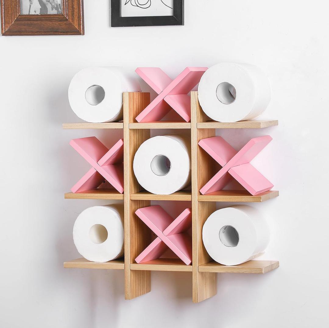 Weysat Tic Tac Toe Toilet Paper Holder Stand Bathroom Wall Decor Rustic Wooden Hanging Storage Freestanding Wall Mounted Shelves Decor for Toilet Tissue Farmhouse(Wood Color, Pink)