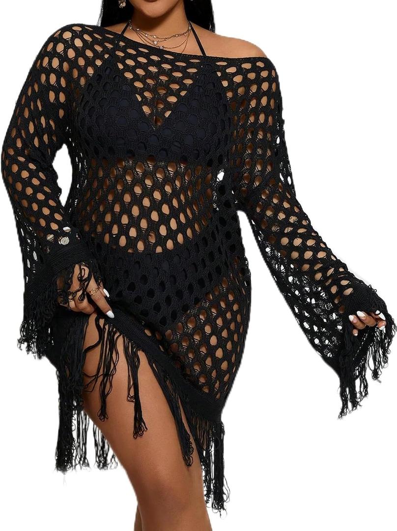WDIRARA Women's Plus Size Hollow Out Sheer Crochet Beach Cover Up Tassel Long Sleeve Dress Coverups (XX-Large Plus, Black)