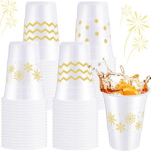 Jingmore 60 Pcs Winter Plastic Cups Bulk 16 oz Snowflake Disposable Winter Party Cups Stripes Polka Dots Drinks Cup for Christmas Holiday Birthday Baby Shower Party Supplies(White Gold,Snowflake)