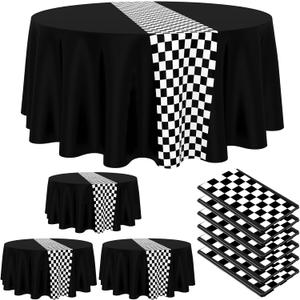 Oudain Cars Birthday Racing Decorations - Round Tablecloth, Checkered Flag Table Covers, Road Plastic Table Cloth, 1950s Disco Dancing Party Tablecloth (Black,6 Pcs)