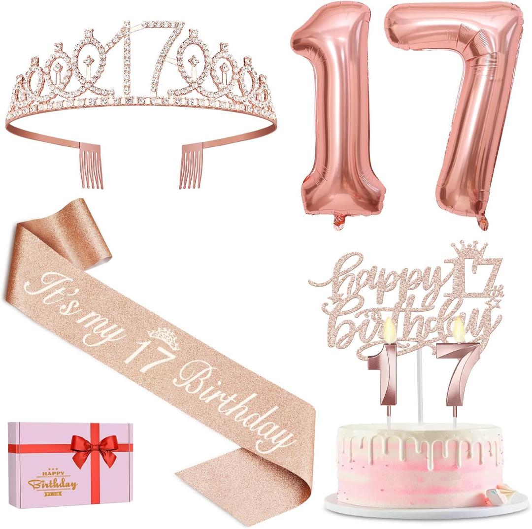 17th Birthday Decorations for Girl, Including 17th Birthday Tiara and Sash, Cake Topper and Candles, Number Balloons, Greeting Card, 17 Year Old Gifts for Girls