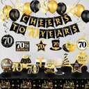 Zonon 70th Birthday Party Table Decorations for Men Women 35 Pcs Cheers to 70 Years Banner Tablecloth Black Gold Balloons Hanging Swirls Honeycomb Centerpieces Happy 70th Birthday Party Supplies