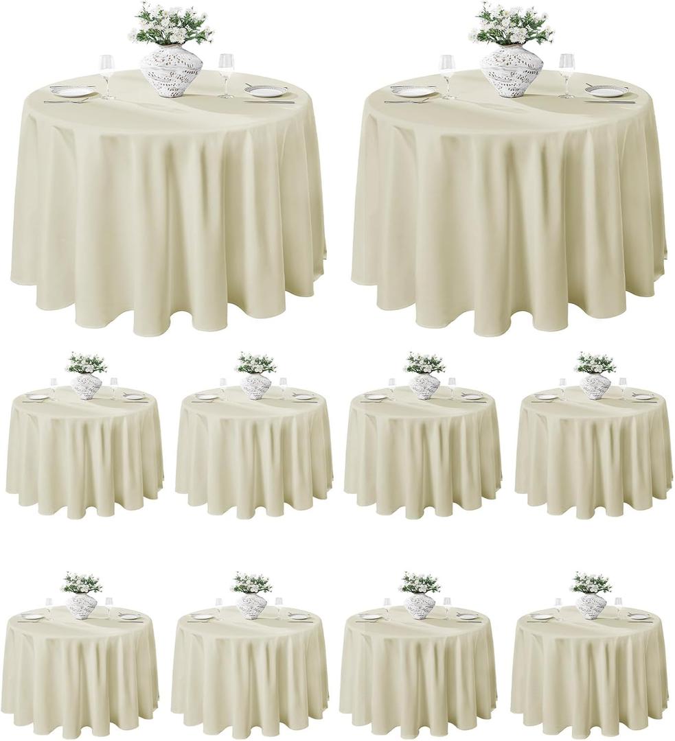 VidaFete Tablecloth 10 Pack 132inch Round Table Cloth Polyester, Stain Wrinkle Resistant Polyester Dining Table Cover for Kitchen Dinning Party Wedding Round Tabletop Buffet Decoration(Ivory)