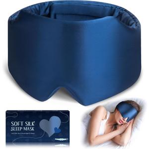 Silk Sleep Mask, Large Size Eye Mask Face Hugging Padded Sleep Blindfold Silk Eye Cover with Adjustable Band for Total Blackout for All Night Sleep (Navy Blue)