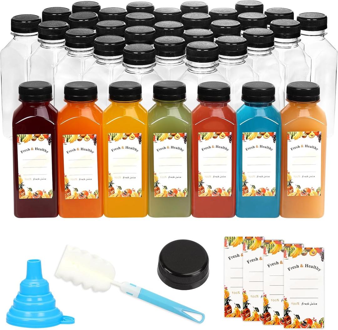 Moretoes 36pcs 12oz Juice Bottles, Plastic Bottles with Lids, Reusable Clear Containers with Caps for Juices, Milk, Smoothie and Other Beverages