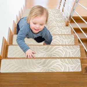Self Adhesive Residue Free Machine Washable Reusable Stair Treads Non Slip Steps - 100% Polyester Heavyduty TPE Backing Wooden Stair Runner Indoor - 15 Pack 30"X8" Anti Slip Mats - Leaf Yellow