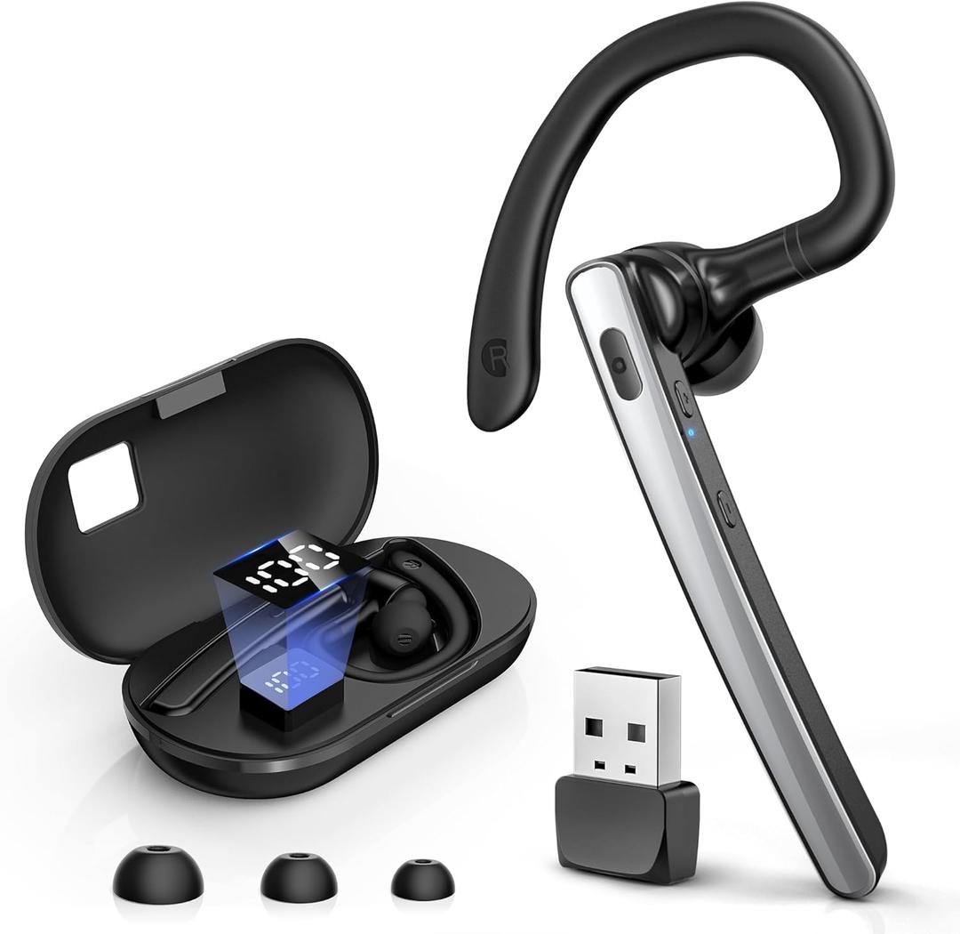 Bluetooth Headset V5.3, Wireless Bluetooth Earpiece with 600mAh Charging Case, 110H Playtime, Hands Free Headset for Cell Phone and Computer with Built-in Microphone for Work Trucker Office (Silver)