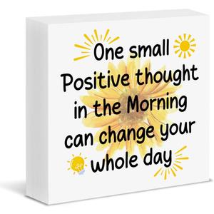 Motivational Sunflower Office Decor Positive Affirmations Wooden Box Sign One Small Positive Thought Wood Block Sign Cubicle Desk Shelf Decoration, Motivational Sunflower Gifts for Coworkers Women