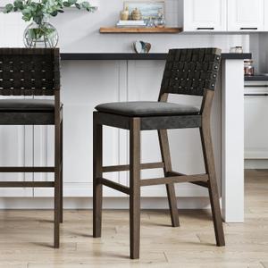 Nathan James Cohen Mid-Century Modern 29 in. Wood Bar Stool, Upholstered Faux Leather Bar Height Stool with Solid Wood Frame, Black