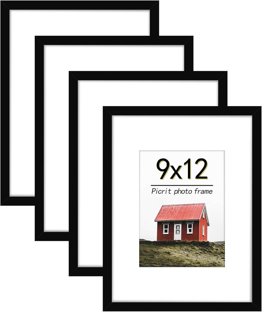 Picrit 9x12 Picture Frame Set of 4, Made of High Definition Real Glass, Display 6x8 with Mat or 9x12 without Mat, Photo Frames for Wall Mounting or Table Top Display, Black