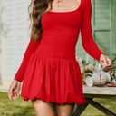 HYPERFIRE Women's Elegant Long Sleeve Scoop Neck Puff Bubble Mini Cocktail Dress Party Club (Red)