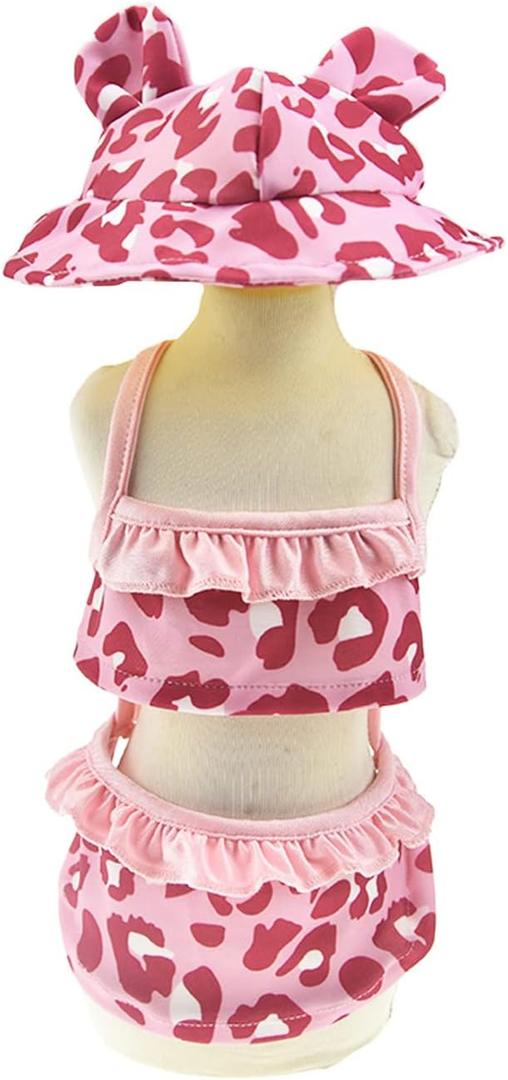 Leopard Dog Bikini Beach Swimsuit with Dog Hat Swimming Cap Puppy Bathing Dress Suit Summer Pet Clothes Cat Costumes for Small Dog (X-Large, Pink) (X-Large(Chest 18.8inch|Pet 9-12LBS ), Pink)