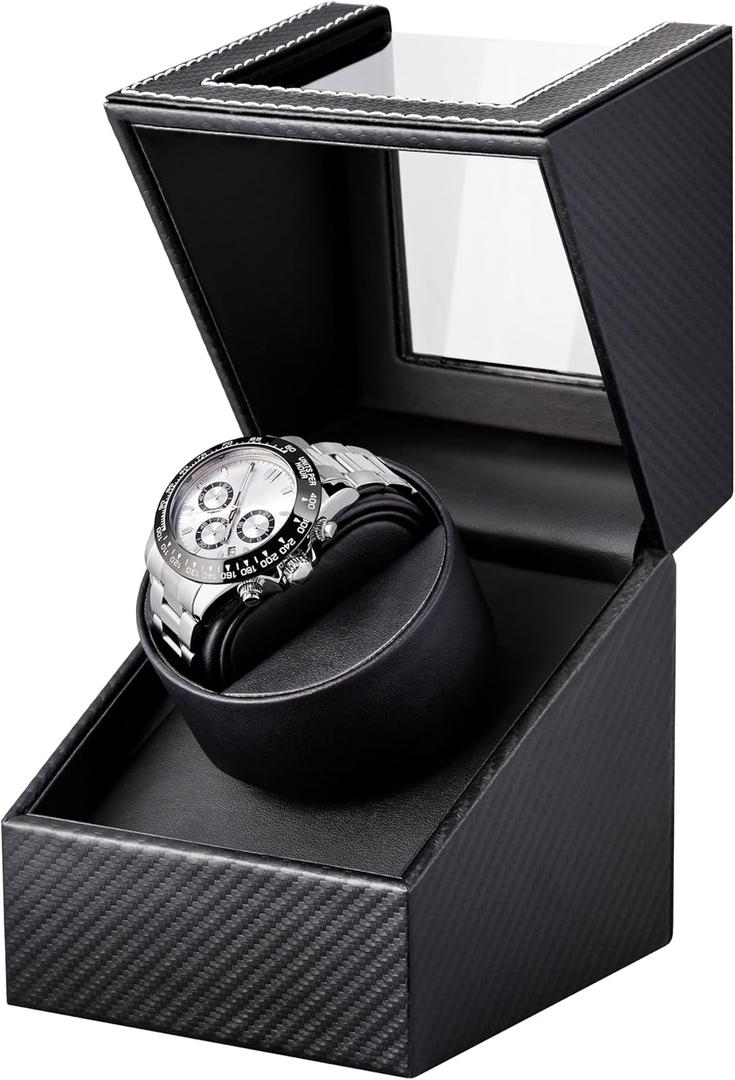 Watch Winder for Automatic Watches: Automatic Single Watch Winder Box with Japanese Quiet Motor, Rotating Watch Case in Black Carbon Fiber Leather, Gifts for Men & Collectors