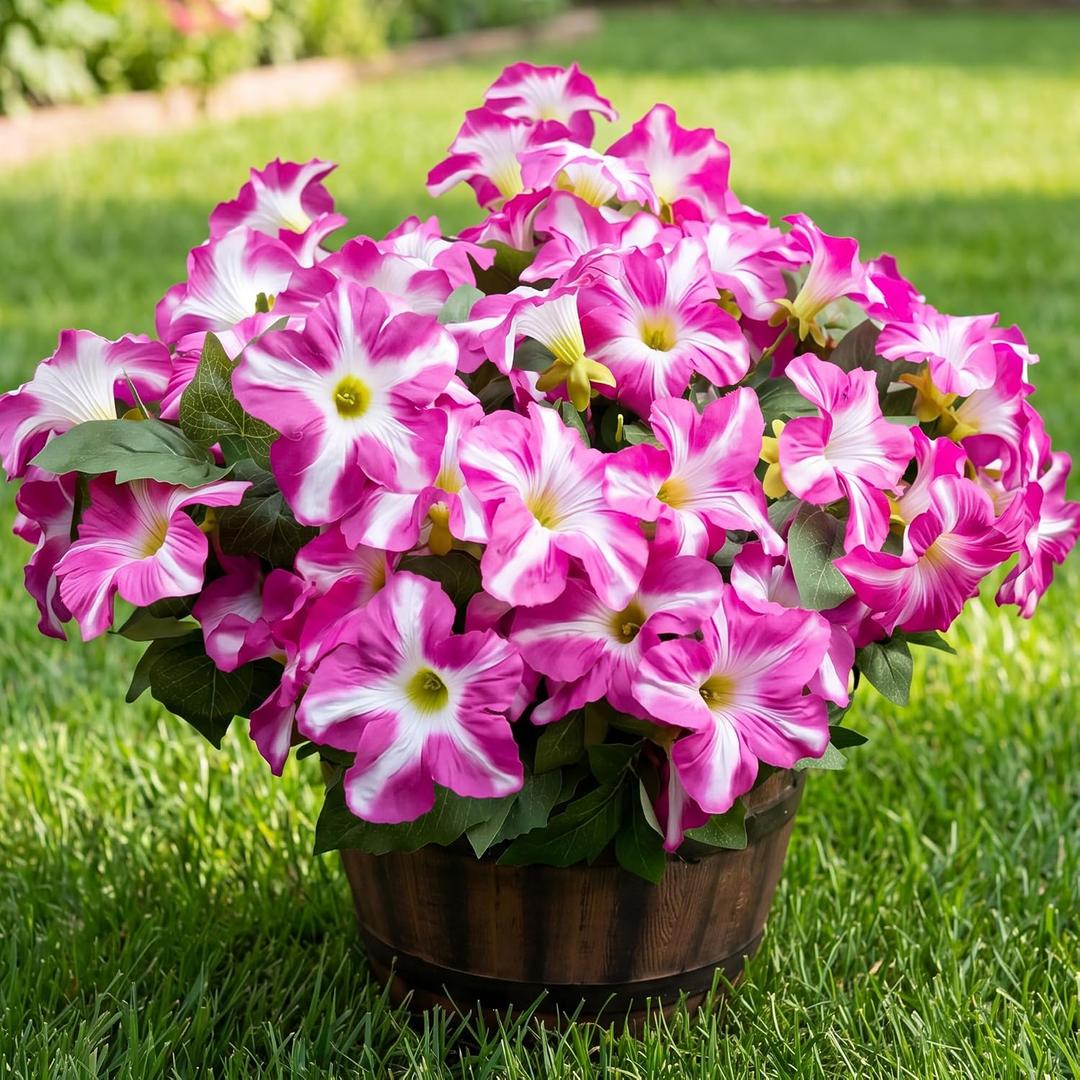 Artificial Fake Flowers Plants for Outdoor Decoration, 4PCS Faux Petunias Silk Flower UV Resistant No Fade for Home Outside Garden Balcony Yard Porch Realistic Indoor Decor (PurplePink)