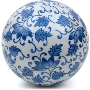 Red Lantern 6" Large Decorative Porcelain Ball, Blue Leaves