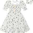 GRNSHTS Toddler Girl Summer Dress Short Sleeve Beach Sundress with Headband(Blue Flower+White,6T)