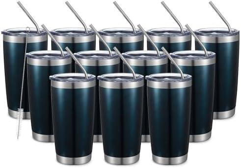 COMOOO 20oz Double Wall Vacuum Insulated Travel Mug Bulk Stainless Steel Tumbler with Lid and Straw Durable Powder Coated Insulated Coffee Cup for Cold & Hot Drinks (Peacock blue, 12 pack）