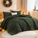 Litanika Fluffy Queen Size Comforter Set Olive Green, 3 Pieces Warm Sherpa Fleece Winter Bedding Set, Jacquard Checkered Plush Fuzzy Blanket Bed Set(1 Comforter, 2 Pillowcases) (Queen(90*90in))