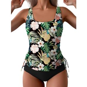 B2prity Tummy Control Tankini Swimsuit for Women Ruched Two Piece Bathing Suit Drawstring Swimwear with Bottom (XX-Large, Black,printed)