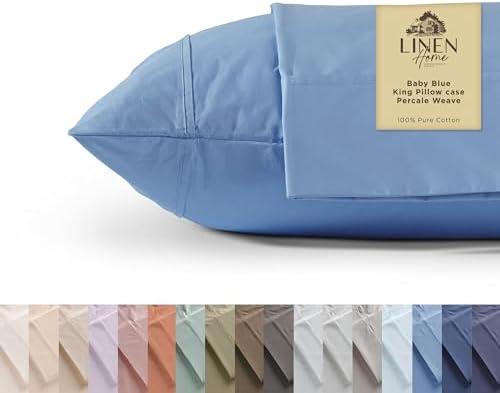 Linen Home 100% Cotton Percale Pillowcases King Size, Baby Blue, 2 Pieces of Pillow Case, Crisp and Cool Strong Bed Linen, 20 inches X 36 inches