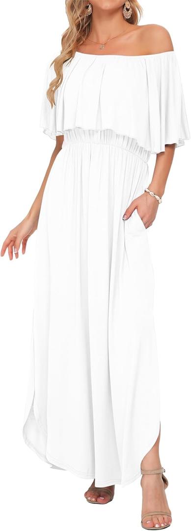 AUSELILY Womens Off The Shoulder Dress Summer Casual Long Ruffle Party Side Split Beach Maxi Dresses with Pockets (Small, White)