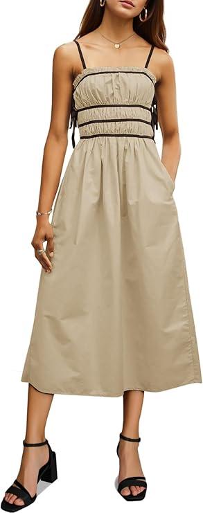 Wenrine Women Summer Spaghetti Strap Dress Sleeveless Tie Smocked Sundress A Line Vacation Beach Midi Dresses Khaki, M