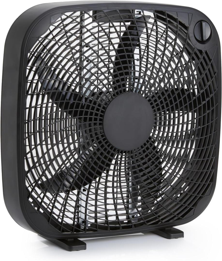 Amazon Basics 3-Speed Box Fan for Bedroom, Portable with Carry Handle, Powerful Airflow, 5 Blades, Lightweight Design, 67 Watts, 20-Inch, Black, 6.8"D x 20.86"W x 21.33"H