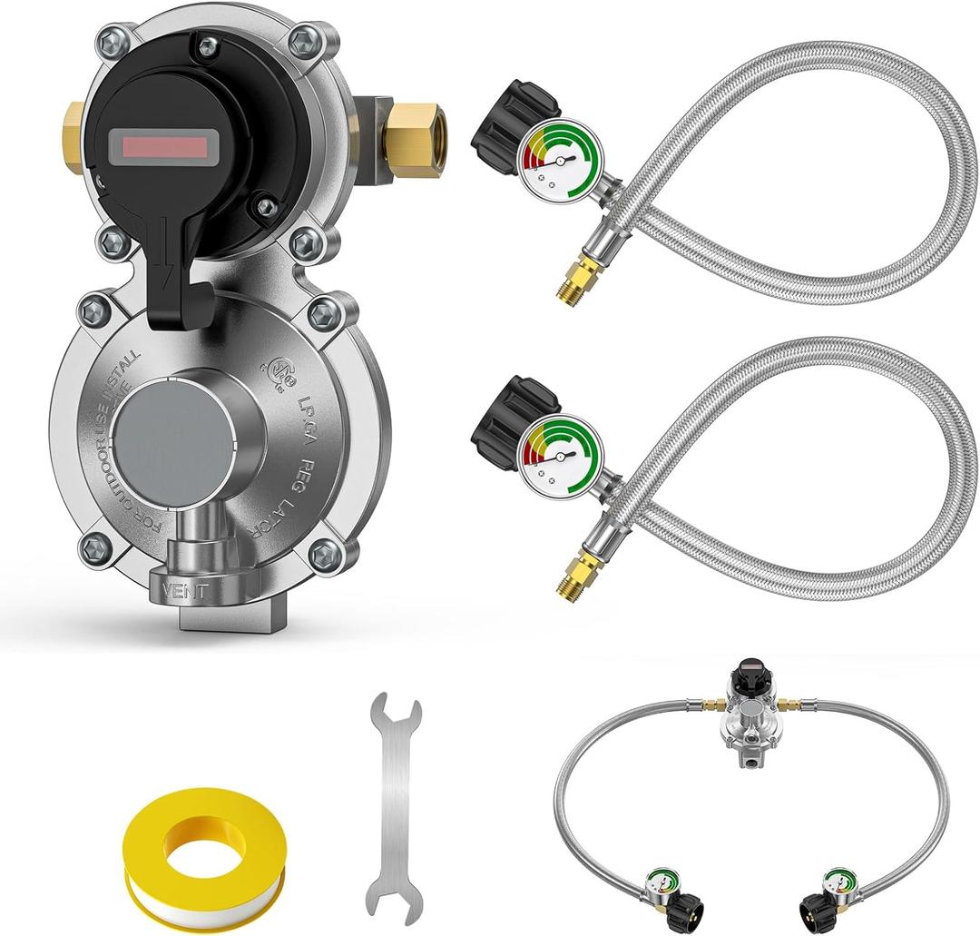 GasXpert 2 Tank-2-Stage Auto Changeover LP Propane Regulator Includes 18" Pigtail Propane Hoses with Gauge, Stainless Braided Hose QCC1 1/4" Inverted Male Flare, 3/8" NPT Female Outer for RV Trailer