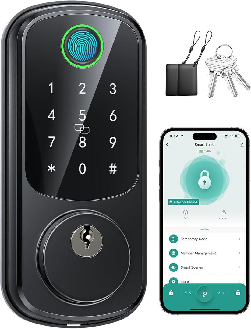 Smart Locks for Front Door, Fingerprint Keyless Entry Door Lock with Security Smart Deadbolt and Touchscreen Keypad, App Control, Auto Lock, Easy Install, Matte Black, (2025 Upgrade)