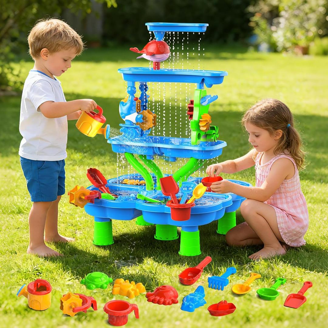 Water Sand Table for Toddler Kids - 4-Tier Multifunctional Summer Toys,Outdoor Backyard Beach Playset with Stable Design,Sensory Learning Activity Game Gift for Boys Girls(Navy)