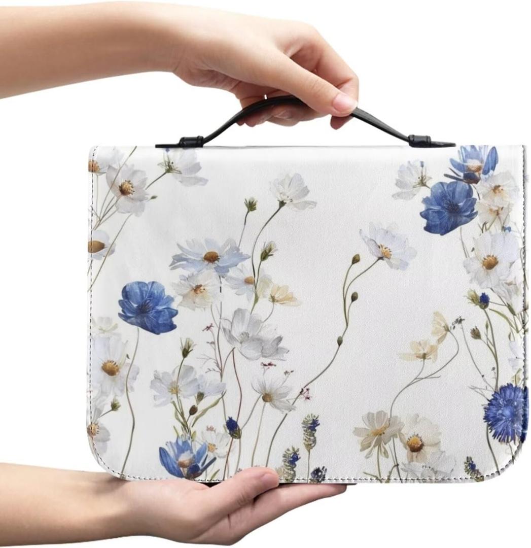 Print Bible Covers, Bible Cover PU Leather Bible Bag and Carrying Case with Handle, Women's Bible Case, Floral, Large