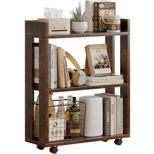 ALISENED 3-Tier Small Bookshelf with Wheels, Bedside Cart Library Cart, Rolling Bookcase for Small Space, Movable Standing Storage Shelves for Living Room/Bedroom/Office, Rustic Brown, Large