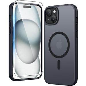 FNTCASE For iPhone 15 Case Matte: iPhone 14/13 Case Magnetic Phone Cases with Screen Protector Compatible with Magsafe Slim Anti Yellowing Rugged Protective Translucent Cell Cover (Black)