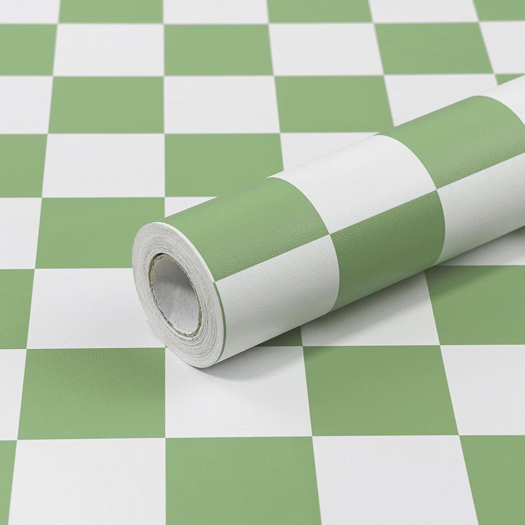 CAX Checkered Peel and Stick Wallpaper Mosaic Wallpaper 17.3''x80'' Green and White Contact Paper Modern Self-Adhesive Vinyl Removable Wall Paper for Shelf Liner, Bedroom,Cabinets,Living Room