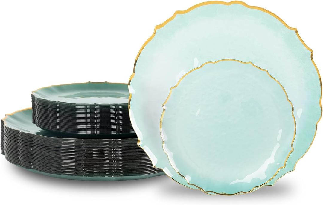 Lullaby 50pcs Translucent Green Plastic Plates with Gold Rim, Fancy Disposable Plates include 25pcs Dinner Plate 10, 25pcs Dessert Plate 7, Perfect for Party, Wedding, Holiday