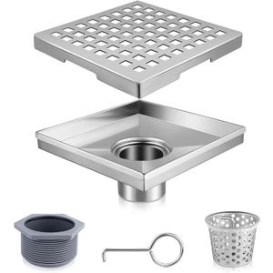 Boltigen Square Shower Drain, 304 Stainless Steel 4 inch Shower Floor Bathroom Shower Drain with CUPC Certified, Brushed Nickel 4'' Square Floor Drain, for Bathroom Toilet Washroom Drain Water