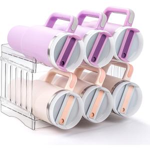 Water Bottle Organizer for Stanley Cup Accessories, Cabinet Organizers and Storage for Meoky 40 oz Tumbler with Handle, Fridge Tumbler Organizer Kitchen Gadgets Gifts, 2Pack Large-6-Bottle, Clear 
