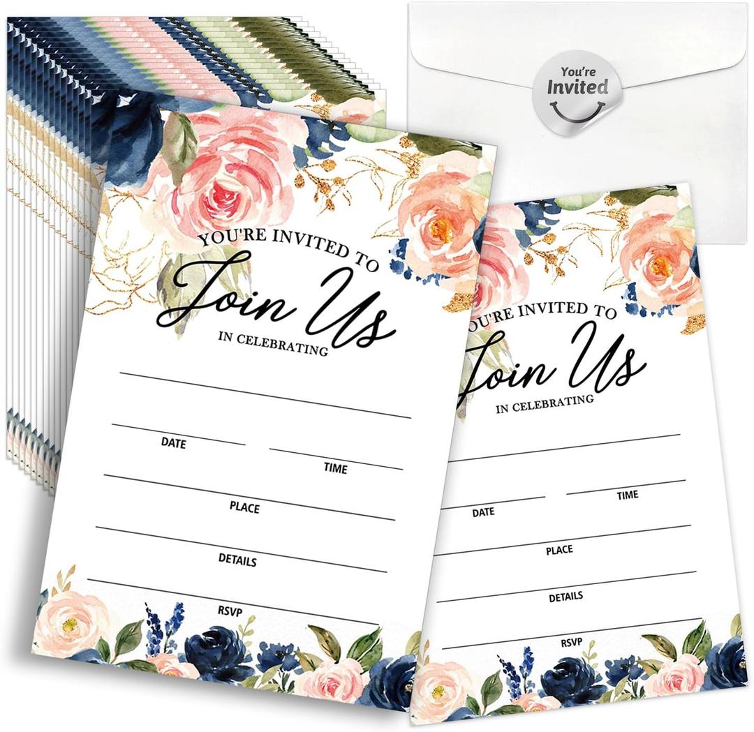 Watercolor Flower Wedding Shaped Fill-In Invitations card 15 Sheets with Envelopes, for Wedding Bridal Showers Engagement Birthday Party Dinner, Pink Watercolor Boho Flower Party Invites