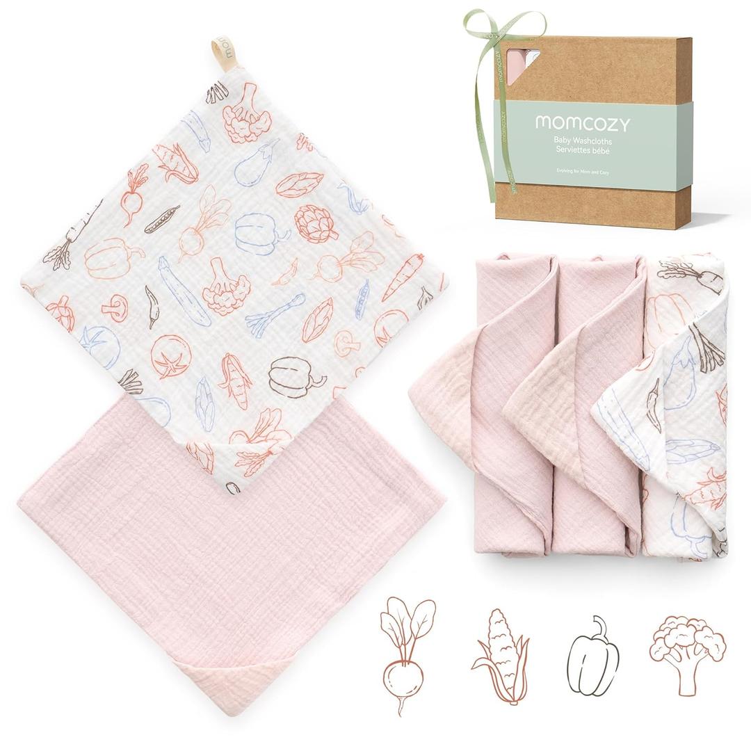 Momcozy Soft & Absorbent Baby Washcloths - 4 Layer Design| Medium Thickness| Premium Cotton for Newborns' Skin-Great for Bathing, Wiping & on-The-go Use, Shower Gift and Essential(5 Pack, 10x10 inch) (Veggie Joy)