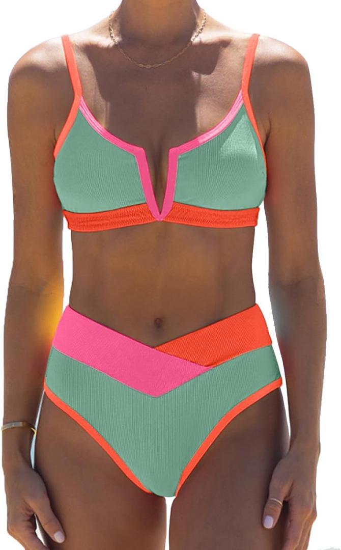 HYTENSUN Women's High Waisted Colorblock V Cut Bikini Ribbed V-Wired High Cut Cami Two Pieces Swimsuit HYTENSUN Women's High Waisted Colorblock V Cut Bikini Ribbed V-Wired High Cut Cami Two Pieces Swimsuit