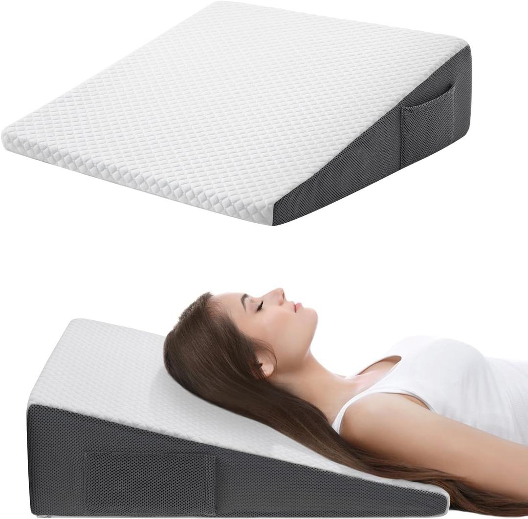 Cozymaker 7.5" Bed Wedge Pillow for Sleeping After Surgery, Back Support, Leg Elevation, Gerd Acid Reflux, Neck Pain, Snoring, Cooling Memory Foam Triangle Incline Wedge, Removable Washable Cover White-grey, Triangle Wedge 24*24*7.5 inch