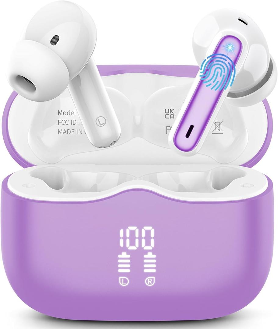 Wireless Earbuds, 2026 Bluetooth 5.4 Ear Buds in Ear with 4 ENC Noise Cancelling Mic, New Wireless Earphones HiFi Stereo Deep Bass 40H Playtime, In-Ear Bluetooth Earbuds LED Display IP7, Violet