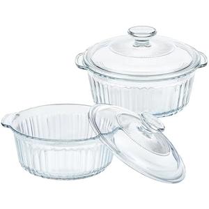 M MCIRCO 4-Piece Glass Casserole Baking Dish, Set of 2 Casseroles With Glass Lids, 1.7 Qt and 2.5 Qt, Round (One Pot Has A Broken Handle)