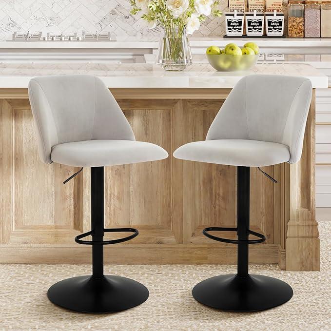 COLAMY Bar Stools Set of 2, Modern Swivel Bar Chairs, Adjustable Upholstered Barstools Counter Height with Full Backrest for Bar, Dining Room, Kitchen Island, Grey